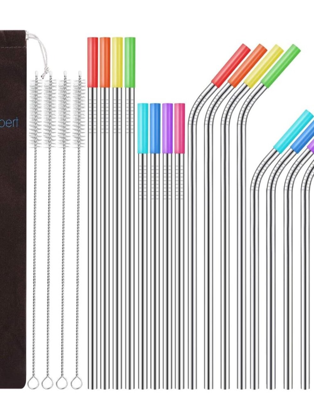 Set of 16 Reusable Stainless Steel Straws with Travel Case Cleaning Brush Silico